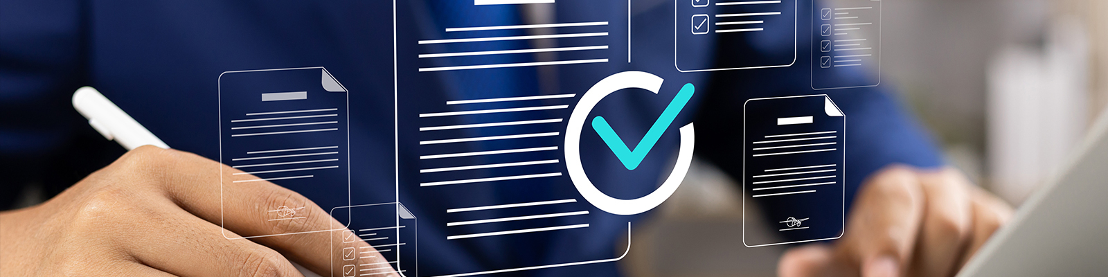 Graphic with checklist and person on computer