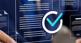 Graphic with checklist and person on computer